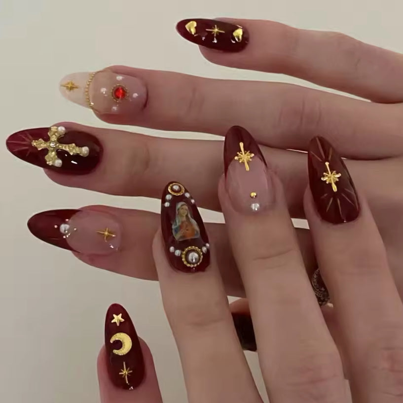 Maroon Religious Art Luxury Press-on Nails, Pointed Oval Medium