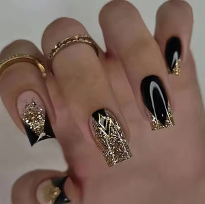 GOLD GLITTER & Black Luxury Press-on Nails, 20's Black & Gold Press-on Nails