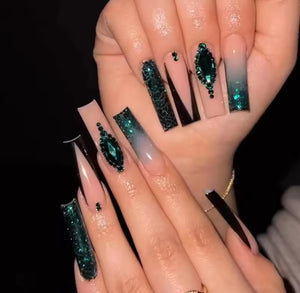 Glitter Hunter Green Emerald Jewel Luxury Press-on Nails, Long Square Press-on Nails