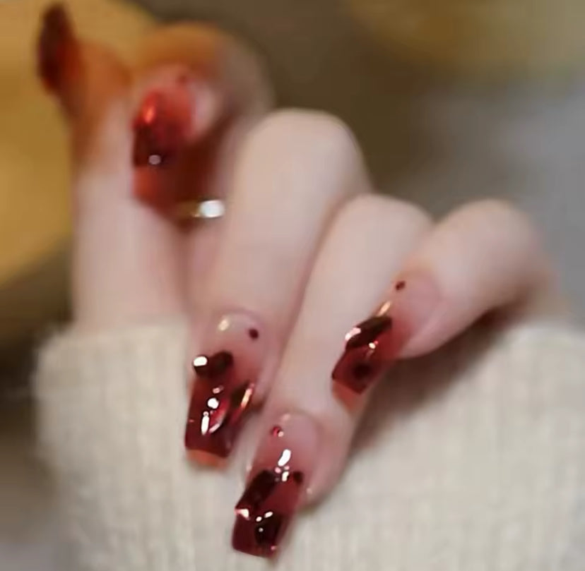 Red Glitter & Crystals Square Nails , Luxury Press-on Nails, Long Short Press-on Nails