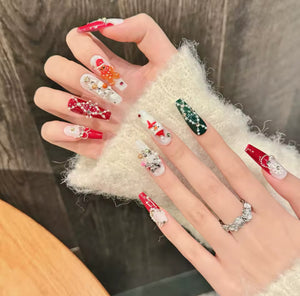 Gingerbread Christmas Art, Luxury Press-on Nails, Long Coffin Press-on Nails