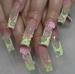 Green French Pink Rose Cabochon Luxury Press-on Nails, Acrylic & Hand-painted Press-on Nails