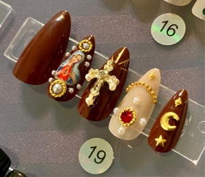 Maroon Religious Art Luxury Press-on Nails, Pointed Oval Medium