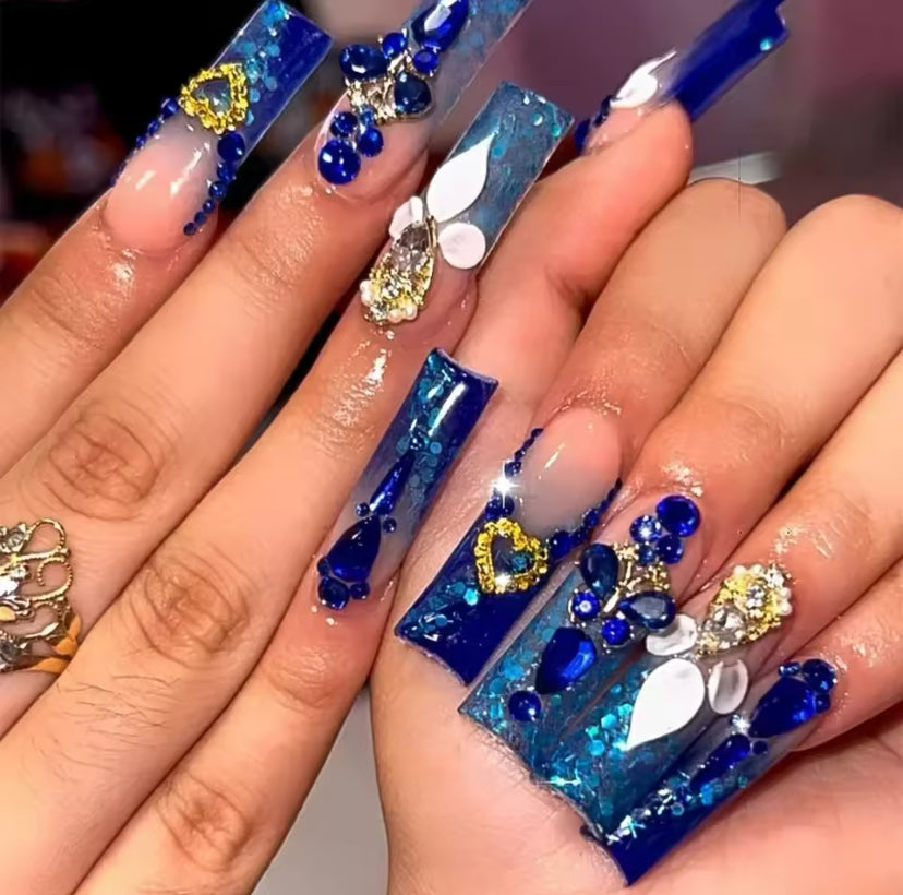 Sapphire Blue Luxury Press-on Nails, 24 pcs Acrylic & Hand-painted Press-on Nails