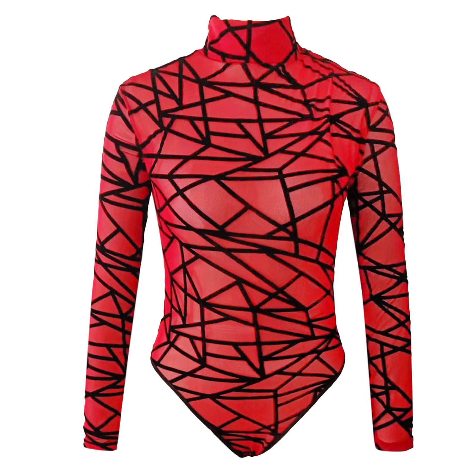 Geometric Print Bodysuit - Red & Black Sheer Geometric Print